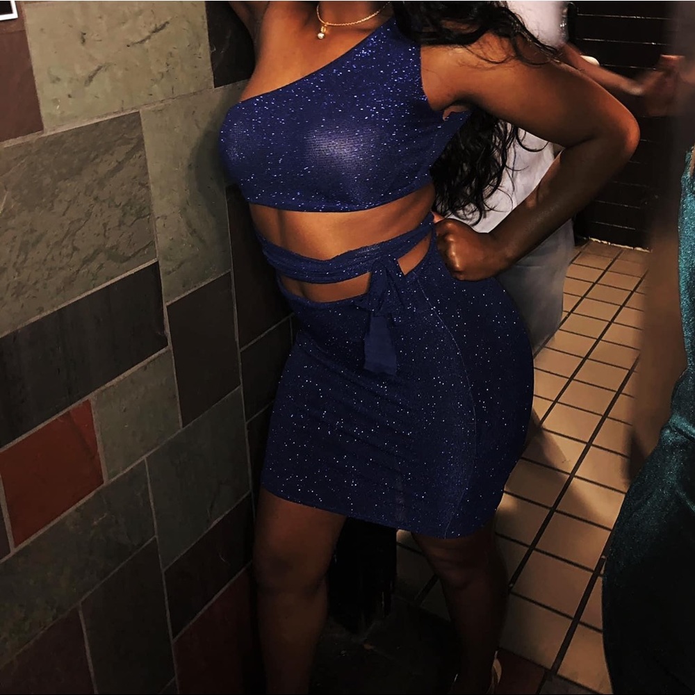 Blue Sparkling Sexy Matching Skirt Set